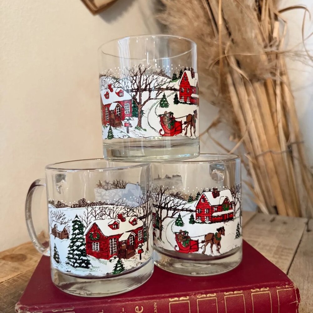 New discounted price $35.00. 3 Vintage Libbey Winter Village glass mugs